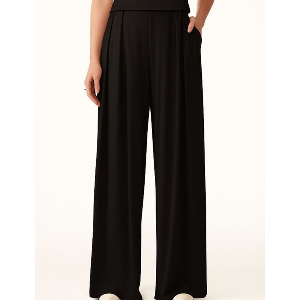 OGL Black Sandwashed Pleated Wide Leg Palazzo Pants with Pockets Size Medium
